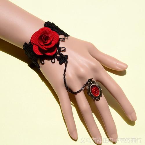 【2060 哥特玫瑰复古蕾丝手链带戒指腕带一体链饰品宫廷舞会首饰图片
